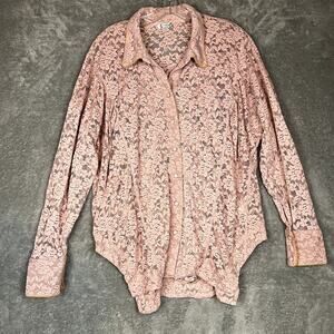 Free People Intimates Button Down Blouse Womens L Pink Lace Sheer Coquette Boho